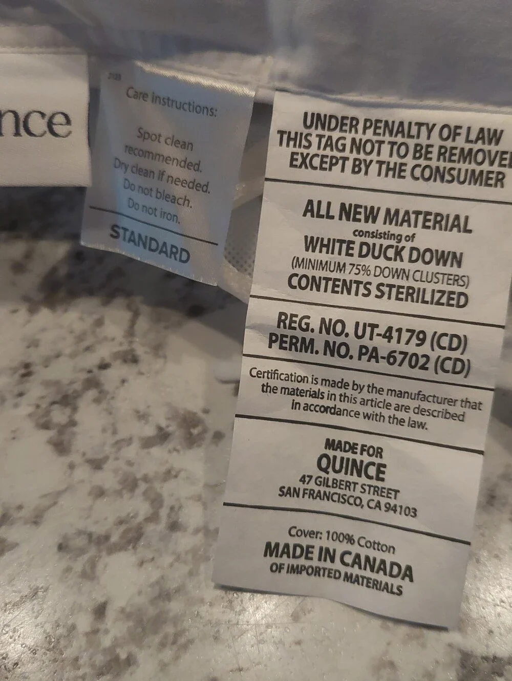NWOT- Quince Standard White Duck Down Premium Pillow (Soft/ Medium)(P61)